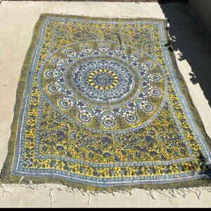 Vintage Indian Block Print Tapestry Tablecloth Cotton Yellow Blue